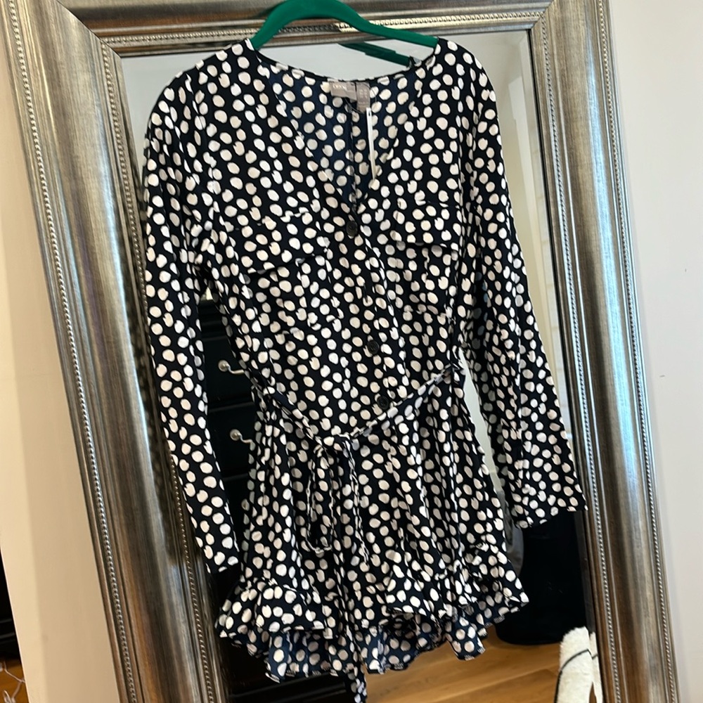 Black polka dot asos romper with tie and ruffles